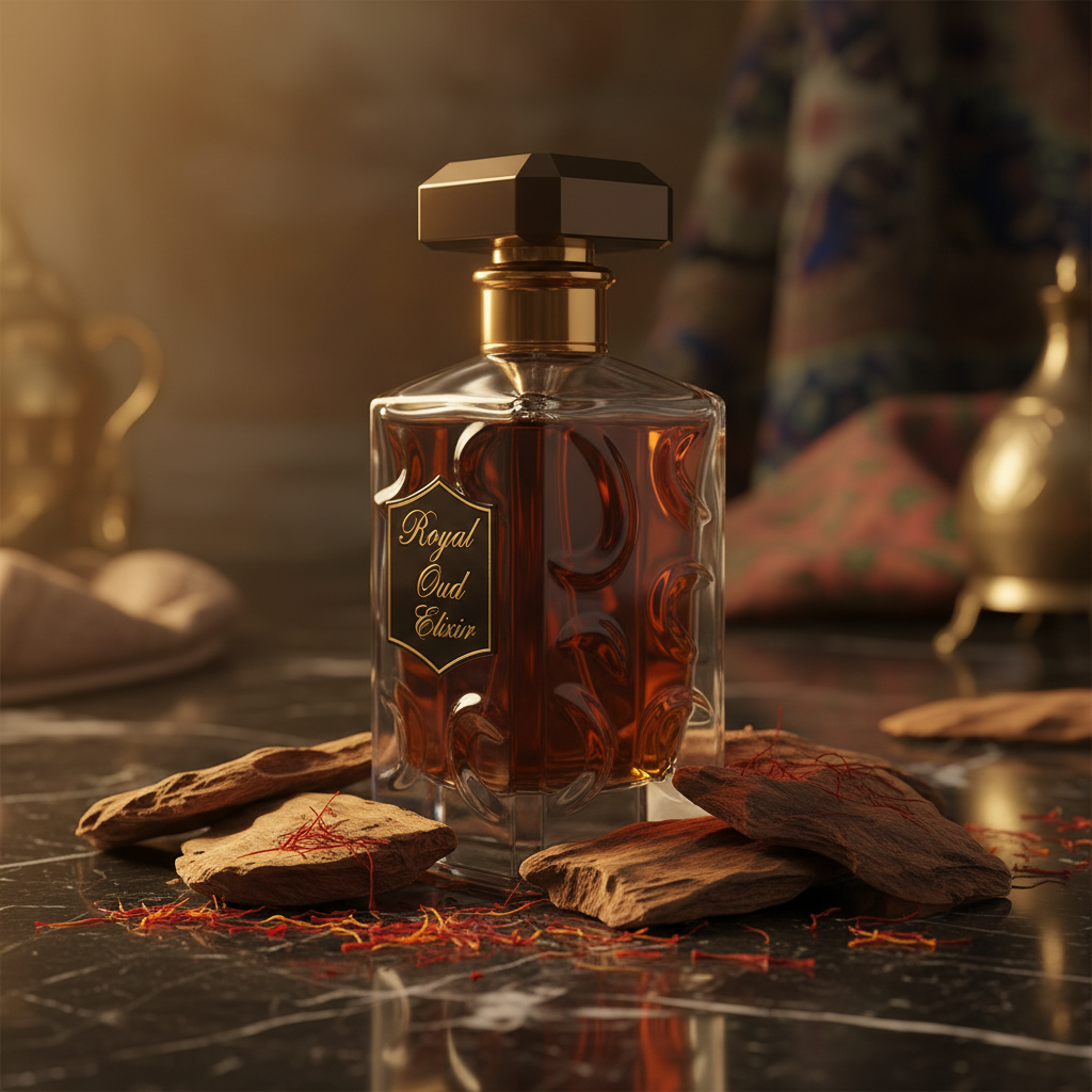 Royal Oud Elixir side angle with oud wood