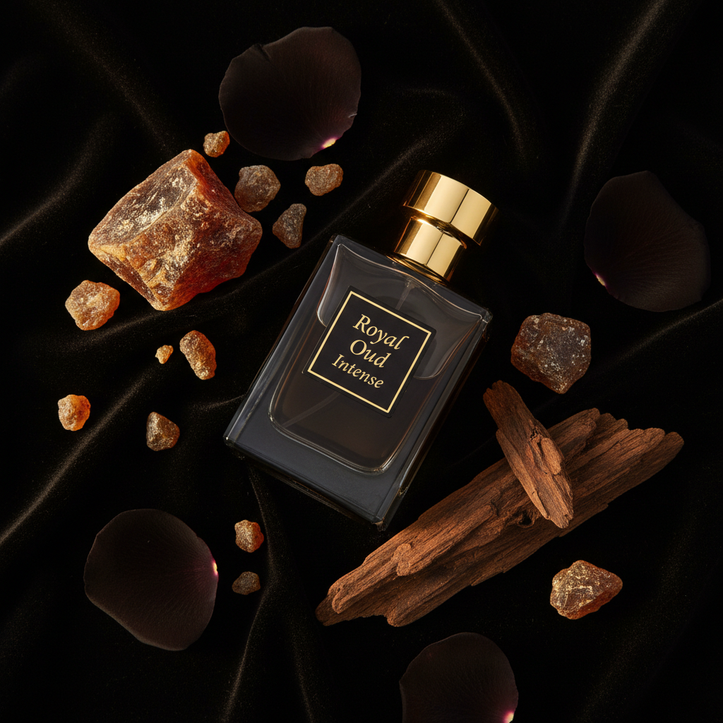 Royal Oud Intense flat lay on black velvet